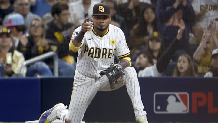 Oct 8, 2024; San Diego, California, USA; San Diego Padres first baseman Luis Arraez (4) reacts after an out in the sixth inning against the Los Angeles Dodgers during game three of the NLDS for the 2024 MLB Playoffs at Petco Park. Mandatory Credit: David Frerker-Imagn Images