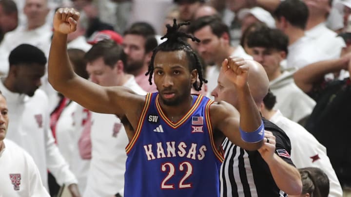 Feb 2, 2026; Lubbock, Texas, USA; Kansas Jayhawks guard Darryn Peterson (22) reacts after the game against the Texas Tech Red Raiders at United Supermarkets Arena. Feb 2, 2026; Lubbock, Texas, USA; Kansas Jayhawks guard Darryn Peterson (22) reacts after the game against the Texas Tech Red Raiders at United Supermarkets Arena.
