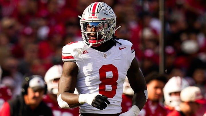 Ohio State Buckeyes linebacker Arvell Reese reacts during the game against the Wisconsin Badgers.