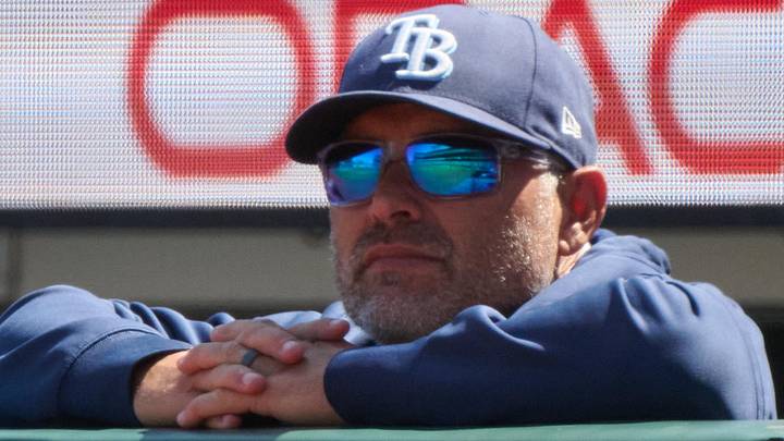 Aug 17, 2025; San Francisco, California, USA; Tampa Bay Rays manager Kevin Cash (16) looks on against the San Francisco Giants during the seventh inning at Oracle Park. Aug 17, 2025; San Francisco, California, USA; Tampa Bay Rays manager Kevin Cash (16) looks on against the San Francisco Giants during the seventh inning at Oracle Park.