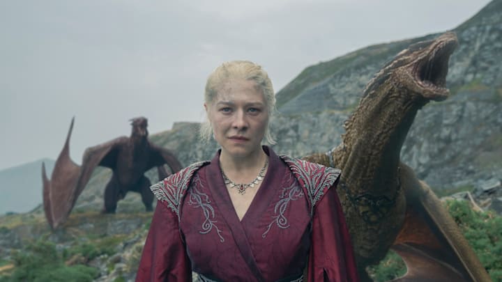 Rhaenyra Targaryen (Emma D'Arcy) with Syrax and Vermithor.