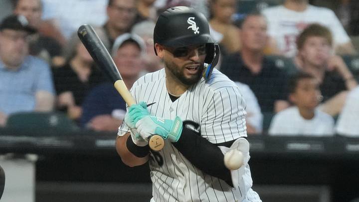 Aug 11, 2026; Chicago, Illinois, USA; Chicago White Sox catcher Edgar Quero (26) is hit by a pitch against the Cincinnati Reds during the fourth inning at Rate Field. Mandatory Credit: David Banks-Imagn Images