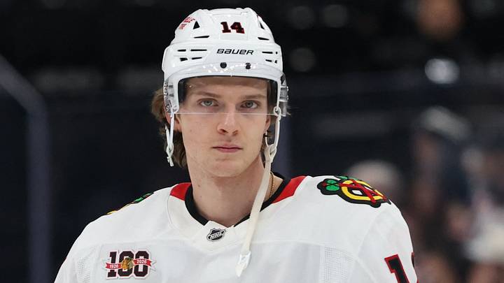 Mar 1, 2026; Salt Lake City, Utah, USA; Chicago Blackhawks defenseman Kevin Korchinski (14) warms up before a game against the Utah Mammoth at Delta Center. Mandatory Credit: Rob Gray-Imagn Images