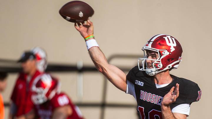 Indiana's Josh Hoover (10) during spring practice at Memorial Stadium on Tuesday, March 31, 2026.