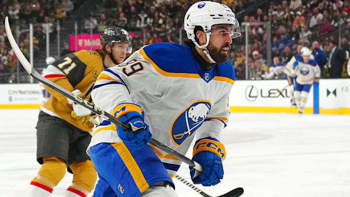 Jan 4, 2025; Las Vegas, Nevada, USA; Buffalo Sabres right wing Alex Tuch (89) skates against the Vegas Golden Knights during the first period at T-Mobile Arena. Mandatory Credit: Stephen R. Sylvanie-Imagn Images