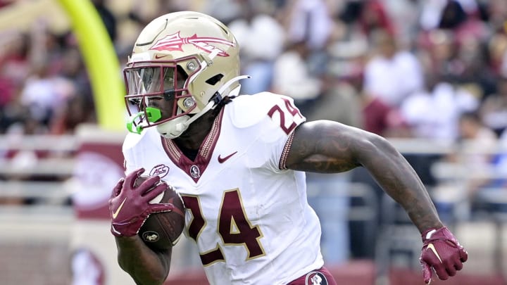 Apr 20, 2024; Tallahassee, Florida, USA; Florida State Seminoles running back Roydell Williams (24) runs the ball during the Spring Showcase at Doak S. Campbell Stadium. Mandatory Credit: Melina Myers-USA TODAY Sports