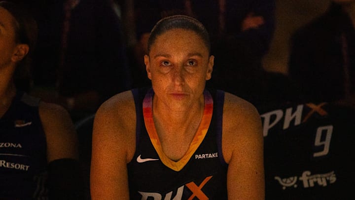 Phoenix Mercury guard Diana Taurasi (3) waits to be introduced on Sept. 19, 2024, at Footprint Center in Phoenix.