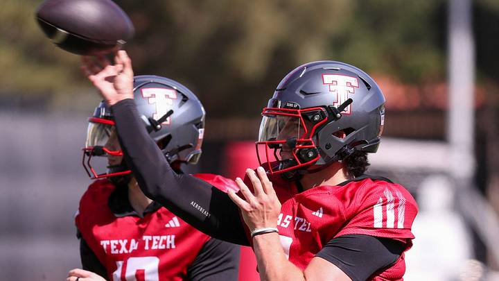Texas Tech's Brendan Sorsby throws a pass during spring football practice, Thursday, April 9, 2026, at the Womble Football Center.