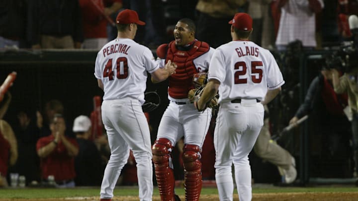 Jose Molina celebrates winning game six Jose Molina celebrates winning game six