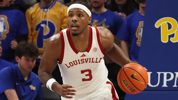 Jan 17, 2026; Pittsburgh, Pennsylvania, USA; Louisville Cardinals guard Ryan Conwell (3) brings the ball up court against the Pittsburgh Panthers during the first half at the Petersen Events Center. Mandatory Credit: Charles LeClaire-Imagn Images Jan 17, 2026; Pittsburgh, Pennsylvania, USA; Louisville Cardinals guard Ryan Conwell (3) brings the ball up court against the Pittsburgh Panthers during the first half at the Petersen Events Center. Mandatory Credit: Charles LeClaire-Imagn Images