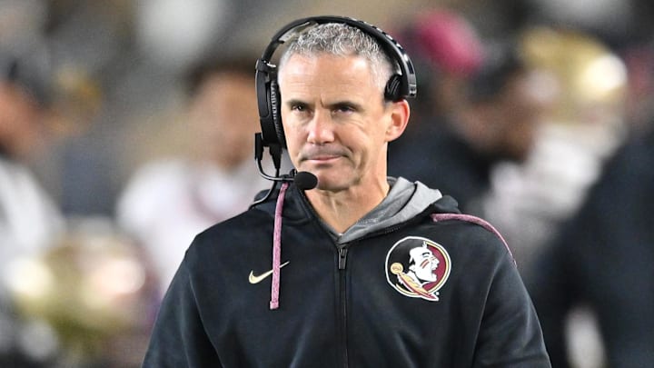 Nov 9, 2024; South Bend, Indiana, USA; Florida State Seminoles head coach Mike Norvell watches in the third quarter against the Notre Dame Fighting Irish at Notre Dame Stadium. Mandatory Credit: Matt Cashore-Imagn Images