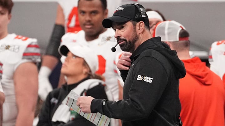 Jan 20, 2025; Atlanta, GA, USA; Ohio State Buckeyes head coach Ryan Day on the sidelines against the Notre Dame Fighting Irish in the first half in the CFP National Championship college football game at Mercedes-Benz Stadium. Mandatory Credit: Dale Zanine-Imagn Images Jan 20, 2025; Atlanta, GA, USA; Ohio State Buckeyes head coach Ryan Day on the sidelines against the Notre Dame Fighting Irish in the first half in the CFP National Championship college football game at Mercedes-Benz Stadium. Mandatory Credit: Dale Zanine-Imagn Images