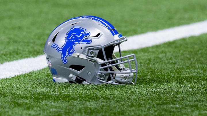 Dec 3, 2023; New Orleans, Louisiana, USA; Detailed view of the Detroit Lions helmet during warmups before the game against the New Orleans Saints at Caesars Superdome. Mandatory Credit: Stephen Lew-Imagn Images