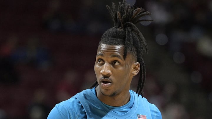 Feb 19, 2025; Tallahassee, Florida, USA; Florida State Seminoles forward Jamir Watkins (1) reacts after missing a shot during the first half against the Miami Hurricanes at Donald L. Tucker Center. Mandatory Credit: Melina Myers-Imagn Images