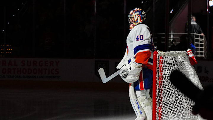 Nov 30, 2023; Raleigh, North Carolina, USA; New York Islanders goaltender Semyon Varlamov (40) looks
