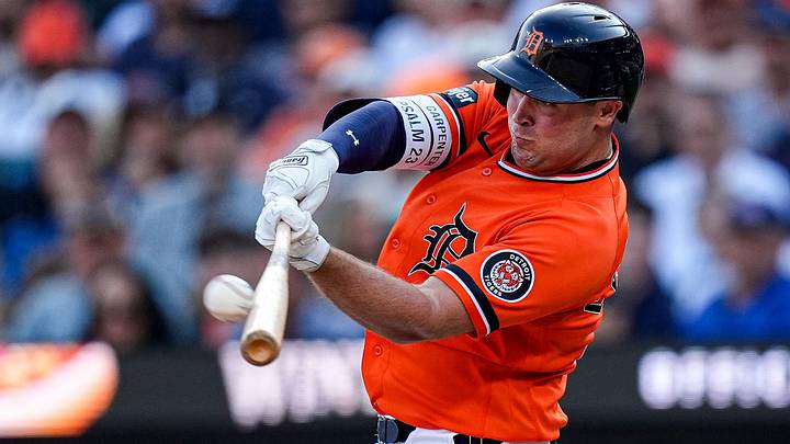 Detroit Tigers right fielder Kerry Carpenter (30) bats a two-run home run. Credit Detroit Tigers right fielder Kerry Carpenter (30) bats a two-run home run. Credit
