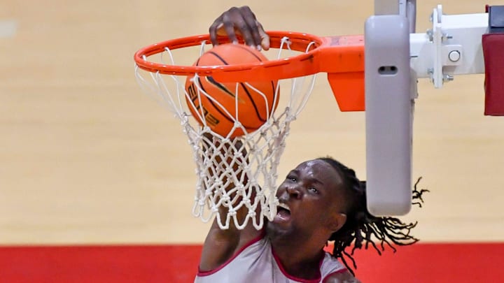 The University of Alabama men’s basketball teams works out in practice Thursday, Sept. 26, 2024. Alabama center Clifford Omoruyi (11) dunks the ball over Alabama forward Aiden Sherrell (22). The University of Alabama men’s basketball teams works out in practice Thursday, Sept. 26, 2024. Alabama center Clifford Omoruyi (11) dunks the ball over Alabama forward Aiden Sherrell (22).