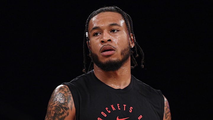 Feb 3, 2025; New York, New York, USA; Houston Rockets forward Cam Whitmore (7) looks on before the game against the New York Knicks at Madison Square Garden. Mandatory Credit: Vincent Carchietta-Imagn Images