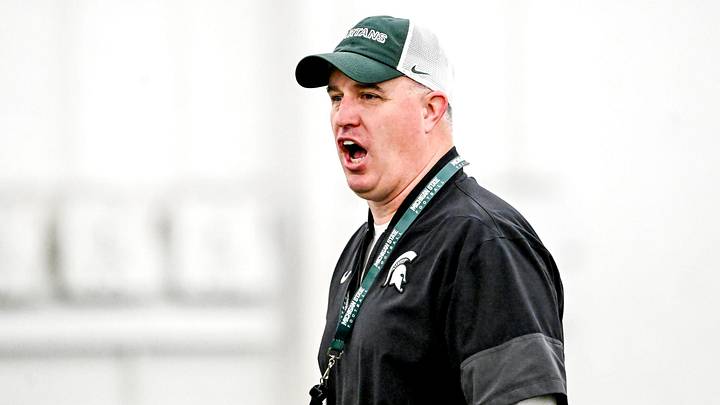 Michigan State's head coach Pat Fitzgerald calls out to players during spring football practice on Tuesday, April 14, 2026, in East Lansing.