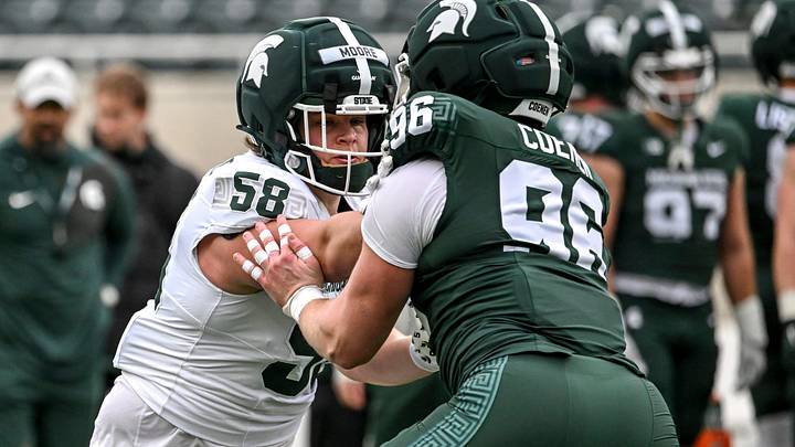 Michigan State's Conner Moore, left, blocks Eli Coenen during the football Spring Showcase on Saturday, April 18, 2026, at Spartan Stadium in East Lansing. Michigan State's Conner Moore, left, blocks Eli Coenen during the football Spring Showcase on Saturday, April 18, 2026, at Spartan Stadium in East Lansing.