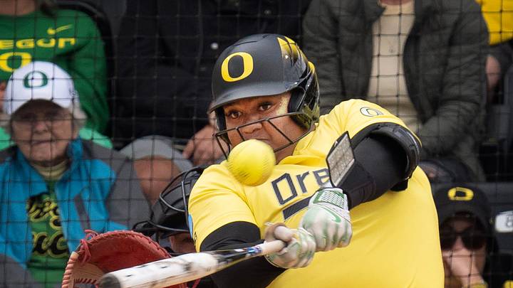 Oregon’s Stefini Ma'ake bats in a run against Stanford during the Eugene NCAA Softball Regional May 17, 2025.