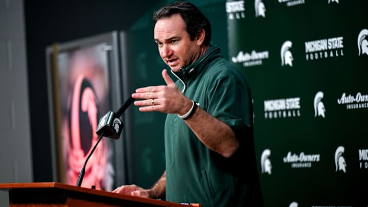 Michigan State coach Jonathan Smith talks the media on the first national signing day for college football recruits Wednesday, Dec. 4, 2024, at Spartan Stadium in East Lansing.