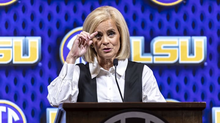 Oct 16, 2024; Birmingham, AL, USA; LSU Tigers head coach Kim Mulkey talks with the media during SEC Media Days at Grand Bohemian Hotel. Mandatory Credit: Vasha Hunt-Imagn Images