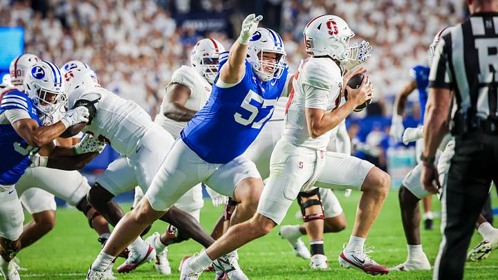 BYU defensive Keanu Tanuvasa gets a sack against Stanford