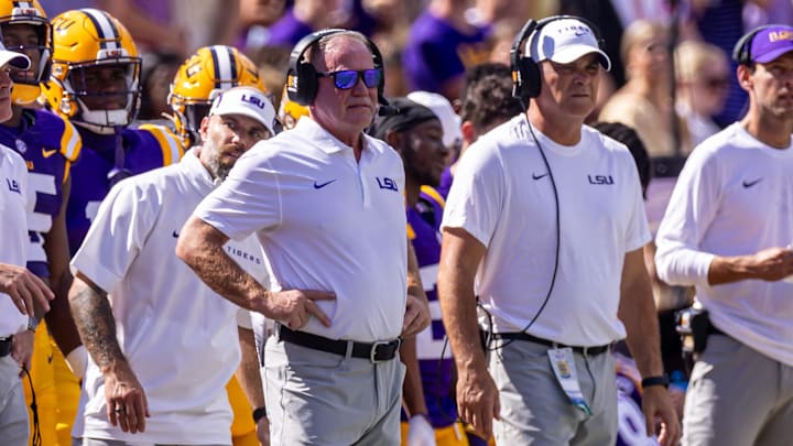 Sep 21, 2024; Baton Rouge, Louisiana, USA;  LSU Tigers head coach Brian Kelly looks on during the first half against the UCLA Bruins at Tiger Stadium. Mandatory Credit: Stephen Lew-Imagn Images