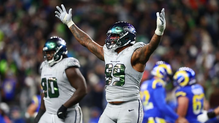 Dec 18, 2025; Seattle, Washington, USA; Seattle Seahawks defensive end Leonard Williams (99) reacts after a missed field goal by Los Angeles Rams in the fourth quarter at Lumen Field.