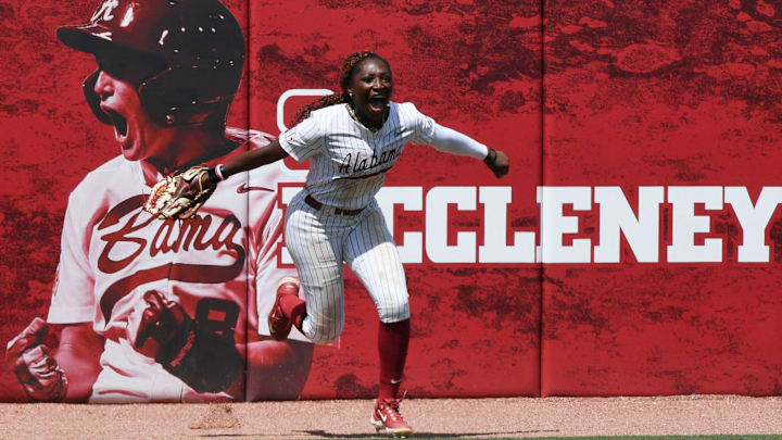 May 19 2024; Tuscaloosa, AL, USA; Alabama outfielder Kristen White (3) rejoices after securing the final out on a long fly ball she caught against the fence at Rhoads Stadium Sunday. Alabama defeated Southeastern Louisiana 12-2 in 5 innings to advance to the Super Regional.