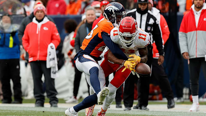 Oct 29, 2023; Denver, Colorado, USA; Denver Broncos cornerback Fabian Moreau (23) breaks up a pass