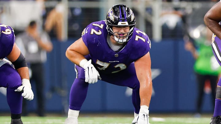 Sep 22, 2024; Arlington, Texas, USA; Baltimore Ravens guard Andrew Vorhees (72) lines up prior to the snap during the second quarter against the Dallas Cowboys at AT&T Stadium. Mandatory Credit: Andrew Dieb-Imagn Images