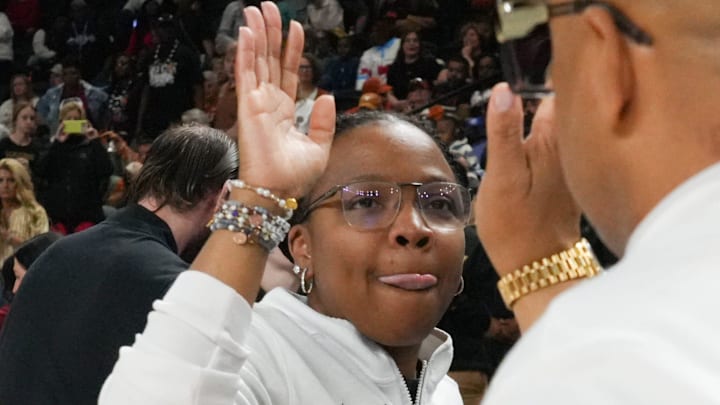 Ole Miss Head Coach Yolett McPhee-McCuin high fives her team after beating Vanderbilt at the SEC Women's Basketball Tournament at Bon Secours Wellness Arena in Greenville, South Carolina Friday, March 6, 2026. Ole Miss Head Coach Yolett McPhee-McCuin high fives her team after beating Vanderbilt at the SEC Women's Basketball Tournament at Bon Secours Wellness Arena in Greenville, South Carolina Friday, March 6, 2026.