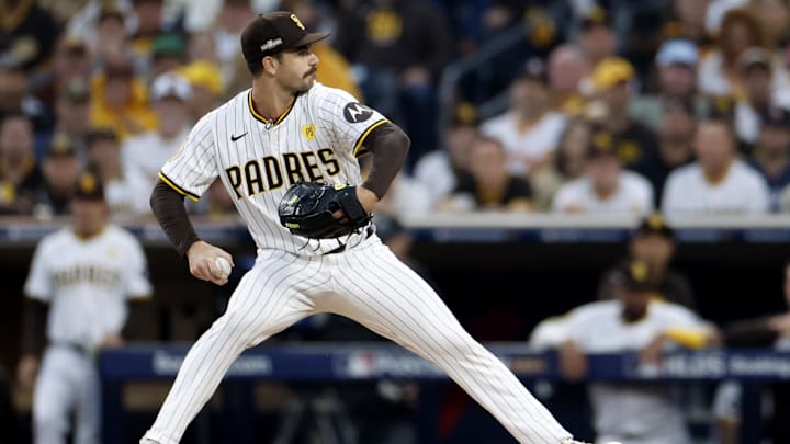 Oct 9, 2024; San Diego, California, USA; San Diego Padres pitcher Dylan Cease (84) throws in the first inning against the Los Angeles Dodgers during game four of the NLDS for the 2024 MLB Playoffs at Petco Park.