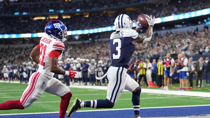 Nov 28, 2024; Arlington, Texas, USA;  Dallas Cowboys wide receiver Brandin Cooks (3) makes a touchdown catch against New York Giants cornerback Adoree' Jackson (21) during the second half at AT&T Stadium. Mandatory Credit: Chris Jones-Imagn Images