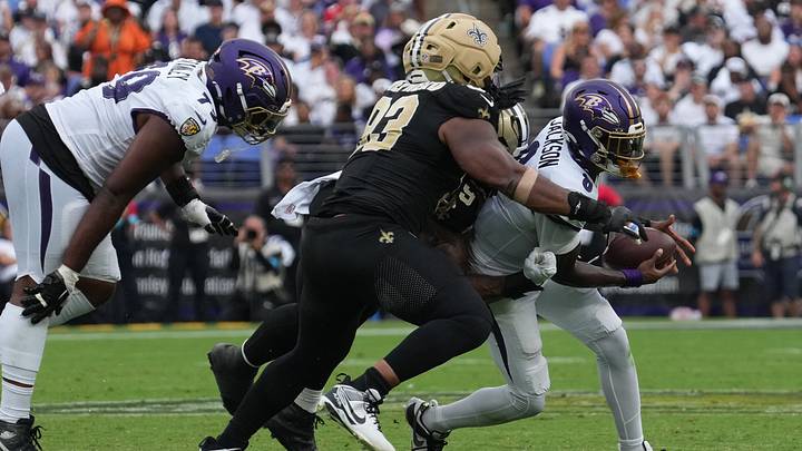 Sep 20, 2026; Baltimore, Maryland, USA; New Orleans Saints defensive end Chase Young (99) and defensive tackle Nathan Shepherd (93) sack Baltimore Ravens quarterback Lamar Jackson (8) in the third quarter at M&T Bank Stadium. Mandatory Credit: James Lang-Imagn Images Sep 20, 2026; Baltimore, Maryland, USA; New Orleans Saints defensive end Chase Young (99) and defensive tackle Nathan Shepherd (93) sack Baltimore Ravens quarterback Lamar Jackson (8) in the third quarter at M&T Bank Stadium. Mandatory Credit: James Lang-Imagn Images