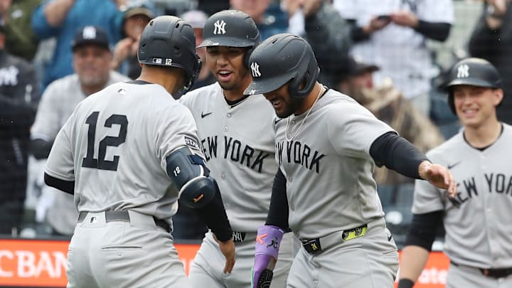 Apr 5, 2025; Pittsburgh, Pennsylvania, USA; New York Yankees center fielder Trent Grisham (12) celebrates his second home run of the game with third baseman Oswald Peraza (middle) and left fielder Jasson Dominguez (right) against the Pittsburgh Pirates during the fifth inning at PNC Park. Apr 5, 2025; Pittsburgh, Pennsylvania, USA; New York Yankees center fielder Trent Grisham (12) celebrates his second home run of the game with third baseman Oswald Peraza (middle) and left fielder Jasson Dominguez (right) against the Pittsburgh Pirates during the fifth inning at PNC Park.
