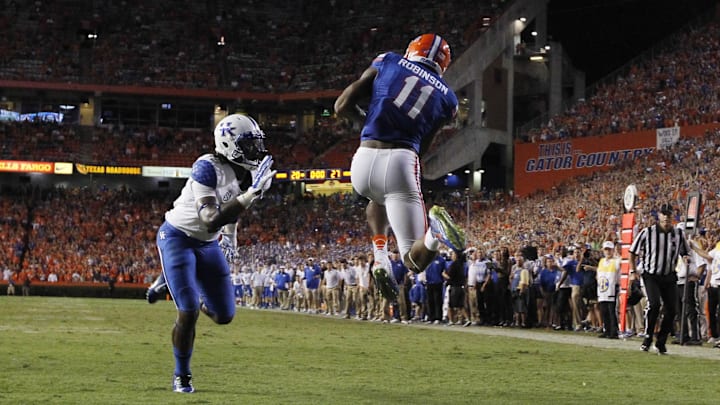 Florida Gators wide receiver Demarcus Robinson caught 15 passes for 216 yards and two touchdowns in the triple-overtime win over Kentucky in 2014.