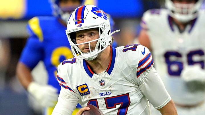 Oct 12, 2026; Inglewood, California, USA; Buffalo Bills quarterback Josh Allen (17) runs for a first down against the Los Angeles Rams at SoFi Stadium. Oct 12, 2026; Inglewood, California, USA; Buffalo Bills quarterback Josh Allen (17) runs for a first down against the Los Angeles Rams at SoFi Stadium.
