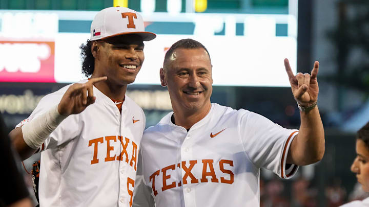 Texas Longhorns head football coach Steve Sarkisian takes a photo with pitcher Jonah Williams (55) ahead of the Lone Star Showdown against Texas A&M at UFCU Disch-Falk Field on Friday, April 25, 2025.