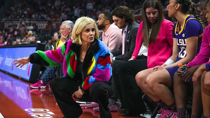 LSU head coach Kim Mulkey talks to her players during the game against the Texas Longhorns at the Moody Center on Sunday, Feb. 16, 2025. LSU head coach Kim Mulkey talks to her players during the game against the Texas Longhorns at the Moody Center on Sunday, Feb. 16, 2025.