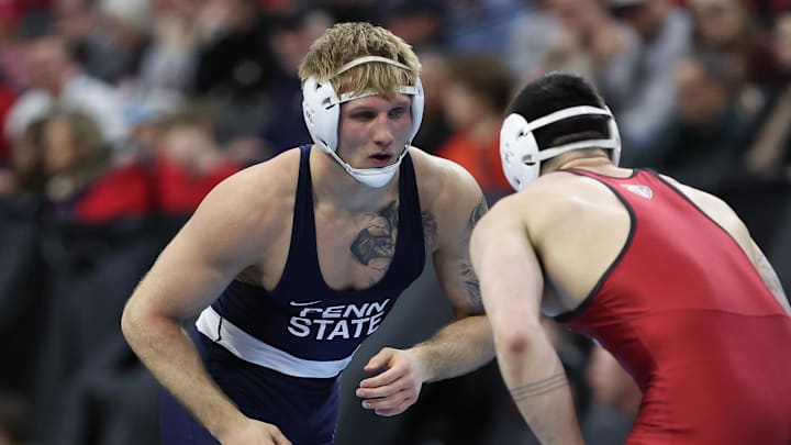 Penn State's Josh Barr wrestles Tucker Hogan of Lock Haven during the first round of the NCAA Wrestling Championships at Wells Fargo Center.