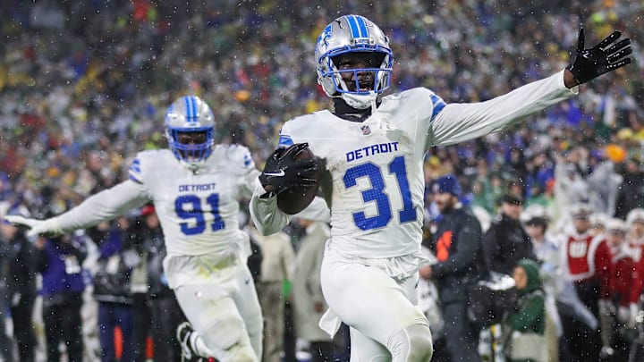 Detroit Lions safety Kerby Joseph (31) returns an interception for a touchdown near the end of the first half against the Green Bay Packers on Sunday, November 3, 2024, at Lambeau Field in Green Bay, Wis. The Lions won the game, 24-14.
Tork Mason/USA TODAY NETWORK-Wisconsin