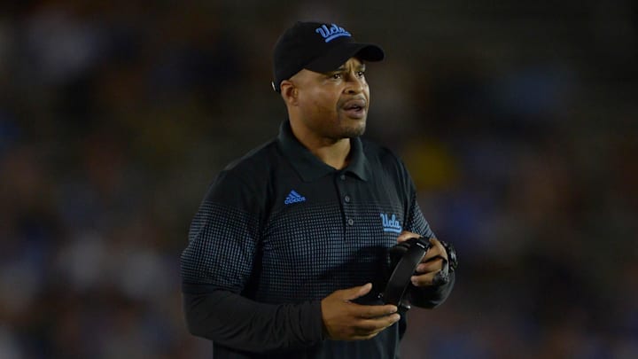 Aug 31, 2013; Pasadena, CA, USA; UCLA Bruins passing game coordinator coach Demetrice Martin during the game against the Nevada Wolf Pack at the Rose Bowl. UCLA defeated Nevada 58-20. Mandatory Credit: Kirby Lee-Imagn Images