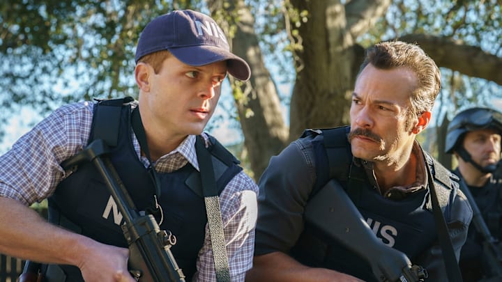 "Hollywood Ending" -- Coverage of the CBS Original Series NCIS: ORIGINS, scheduled to air May 5 (9:00-10:00 PM, ET/PT) on the CBS Television Network. Pictured L to R: Caleb Foote as Bernard “Randy” Randolf and Kyle Schmid as Mike Franks