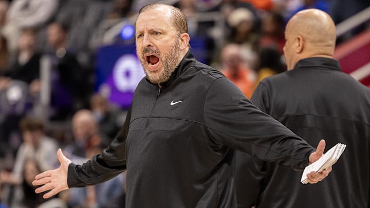 Apr 10, 2025; Detroit, Michigan, USA; New York Knicks Tom Thibodeau Head Coach reacts to a play against the Detroit Pistons during the first half at Little Caesars Arena. Mandatory Credit: David Reginek-Imagn Images