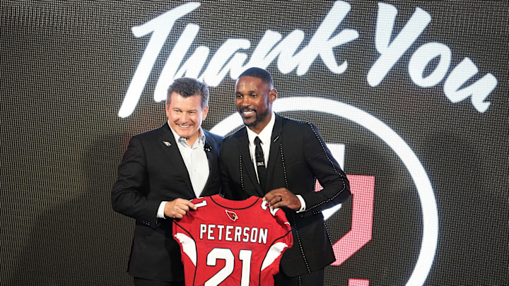 Arizona Cardinals president Michael Bidwill with former Cardinals star cornerback Patrick Peterson during his retirement news conference at the Cardinals' Tempe facility on April 14, 2025.