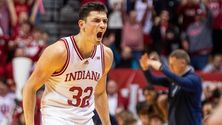 Indiana's Trey Galloway (32) celebrates as Penn State Head Coach Mike Rhoades calls timeout during the Indiana versus Penn St. mens basketball game at Simon Skjodt Assembly Hall on Wednesday, Feb. 26, 2025.
