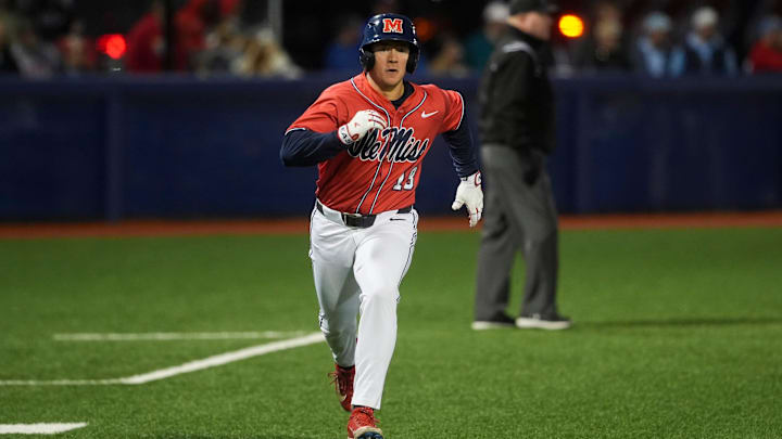 Ole Miss' Ryan Moerman (18) runs towards home during the game between Ole Miss and the University of Memphis at FedExPark in Memphis, Tenn., on Tuesday, April 8, 2025. Ole Miss' Ryan Moerman (18) runs towards home during the game between Ole Miss and the University of Memphis at FedExPark in Memphis, Tenn., on Tuesday, April 8, 2025.